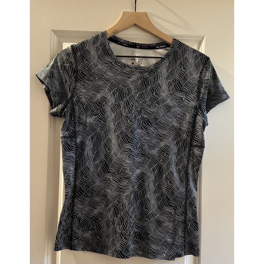 Nike Dri-FIT Running Top Womens Medium Black White Print Athletic Shirt